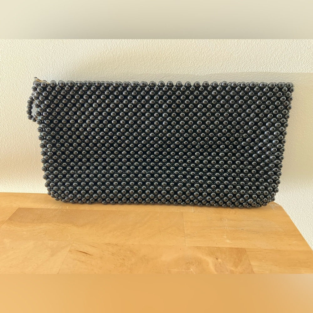 VINTAGE Bags By Josef Black Beaded Clutch With Beaded Wristlet Strap CLEAN